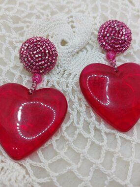 Vintage Retro Acrylic Bright Pink Heart Drop Earrings with Beading Stud Ascent